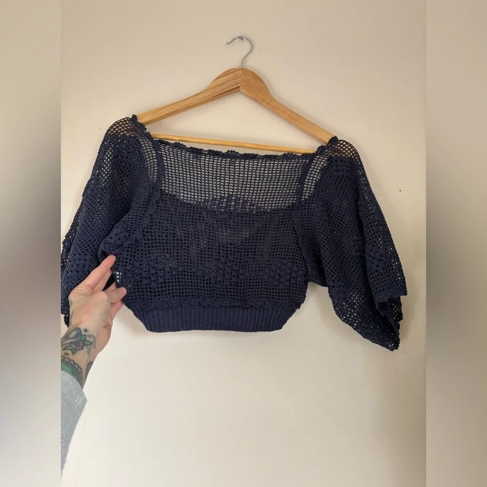 Anthropologie Knitted & Knotted Crochet Tee in Navy
